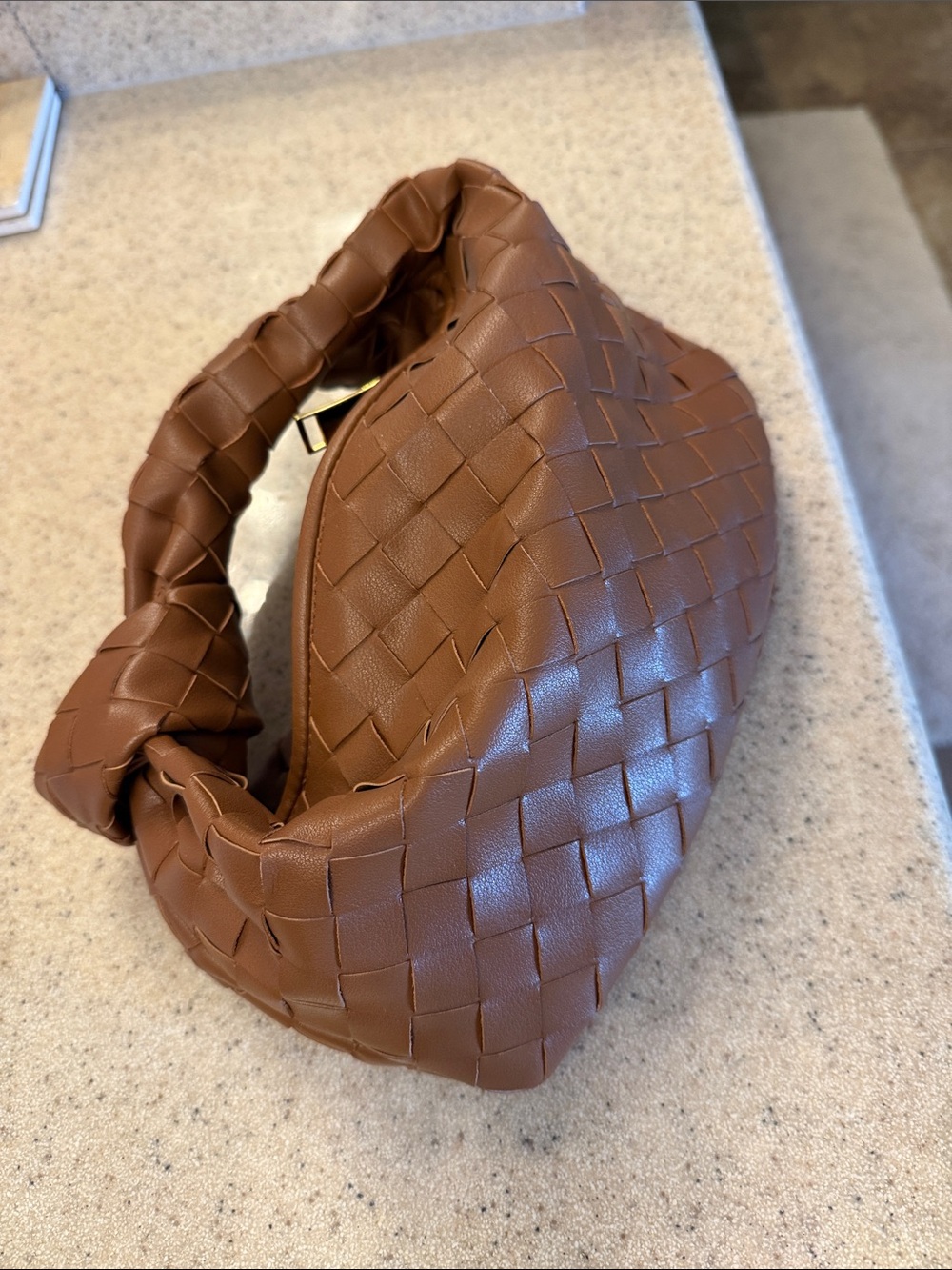 Woven Knot-Handle Mini Bag in Brown